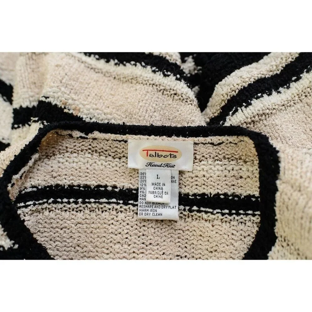Vintage Talbots Hand-Knit Striped Cardigan Sweater L Black & Beige cruise resort